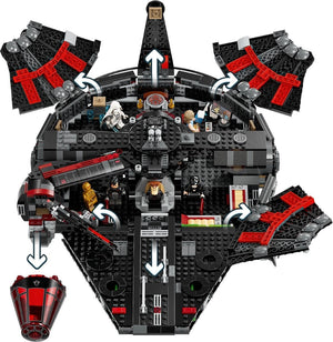 LEGO model of the Millennium Falcon with various characters on a white background