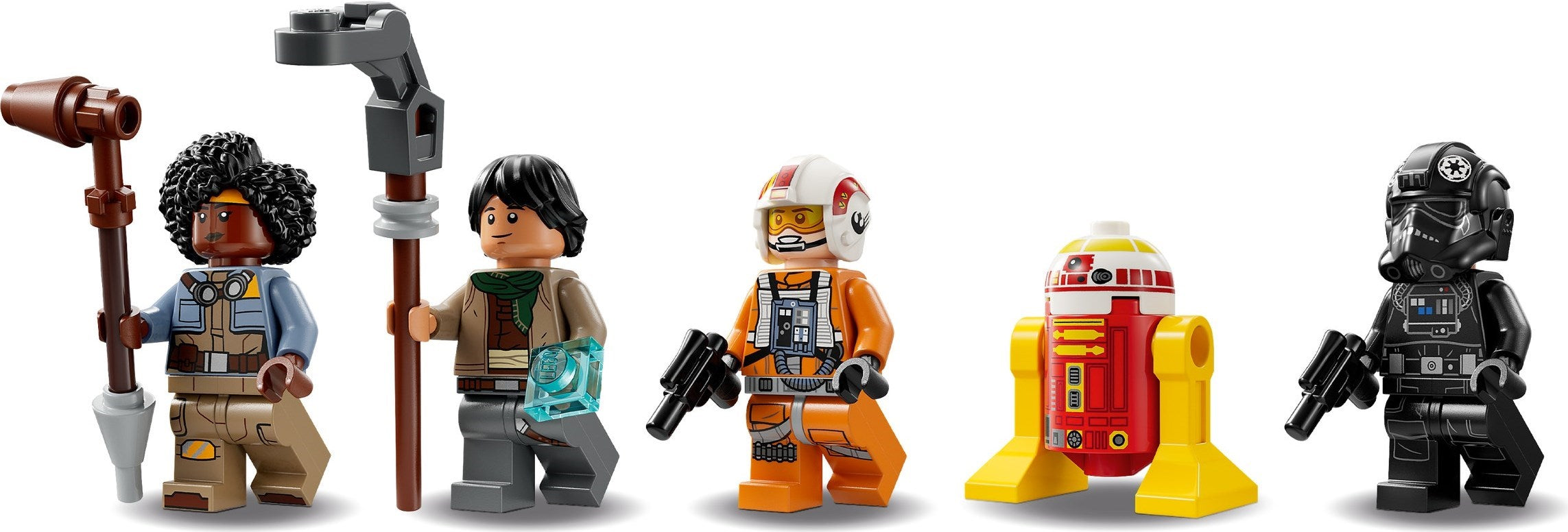 Set of LEGO figures including a character with a hammer, another with a weapon, an astronaut, a robot, and a figure in a helmet.