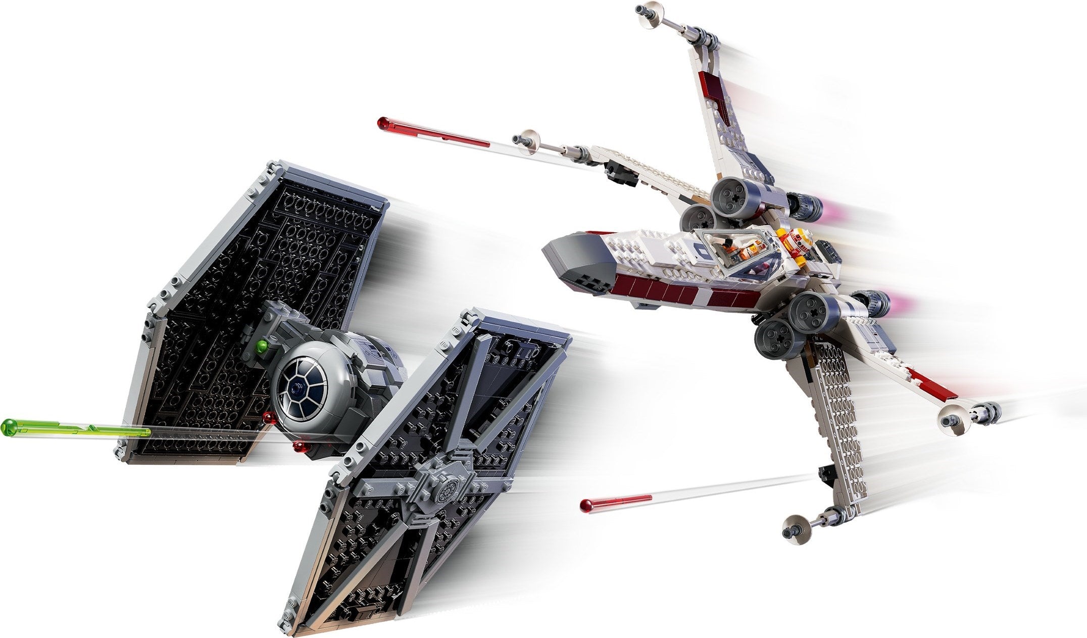 Two toy models of spaceships, one resembling a TIE fighter and the other an X-wing, on a white background.