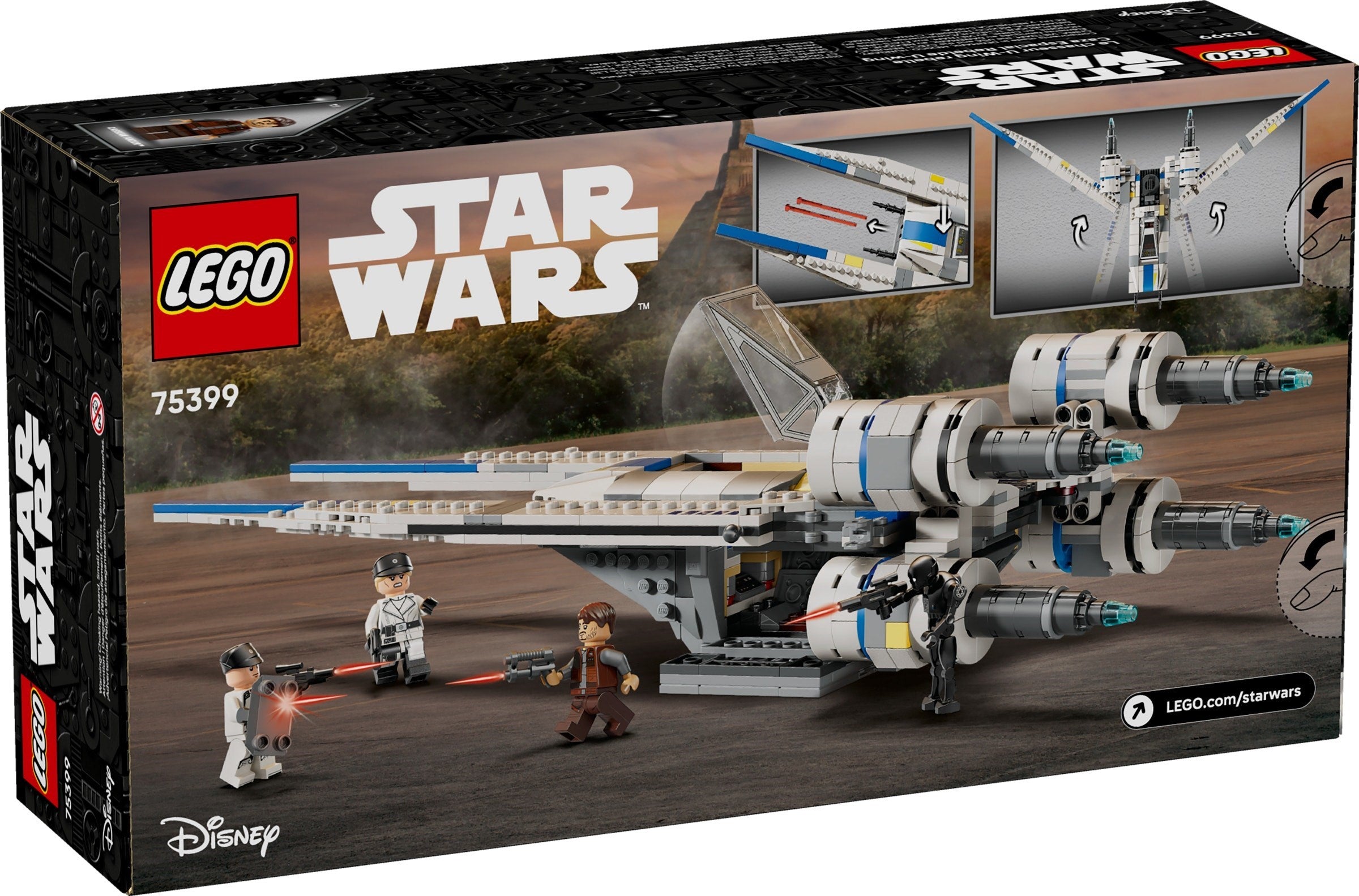 LEGO Star Wars U-Wing fighter set packaging with characters and spaceship model.
