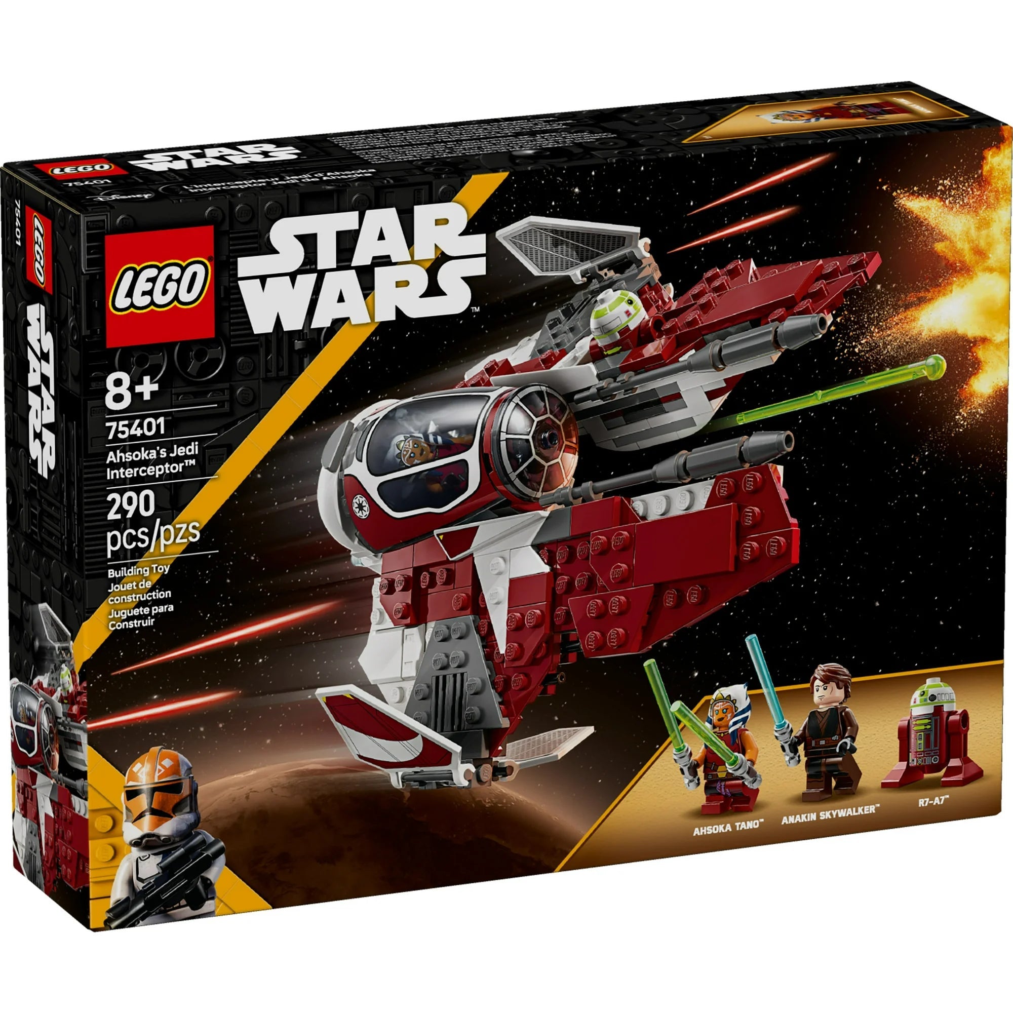 LEGO Star Wars kit packaging with spaceship model and characters on a dynamic background