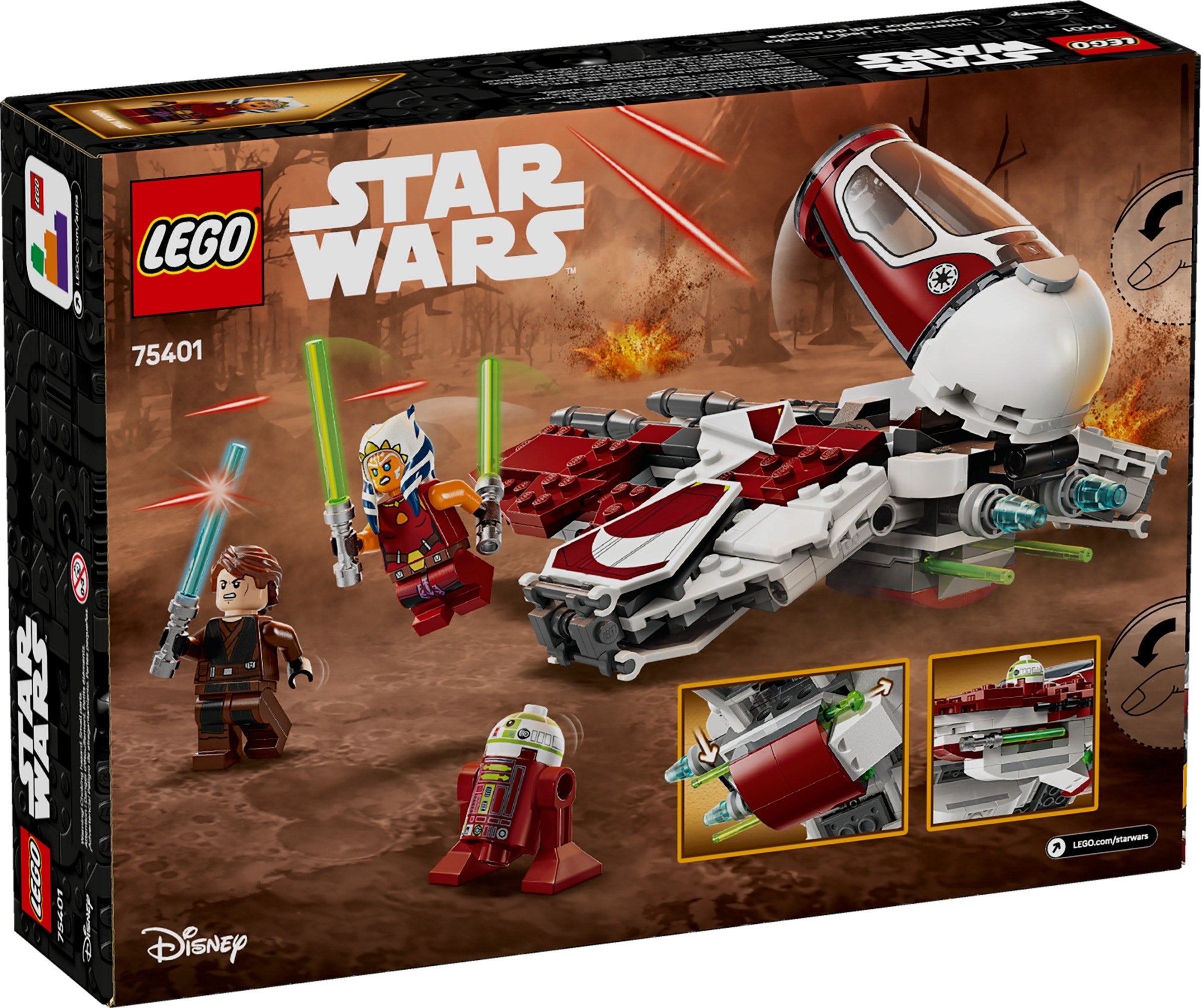 LEGO Star Wars set packaging with characters and vehicle on a brown background