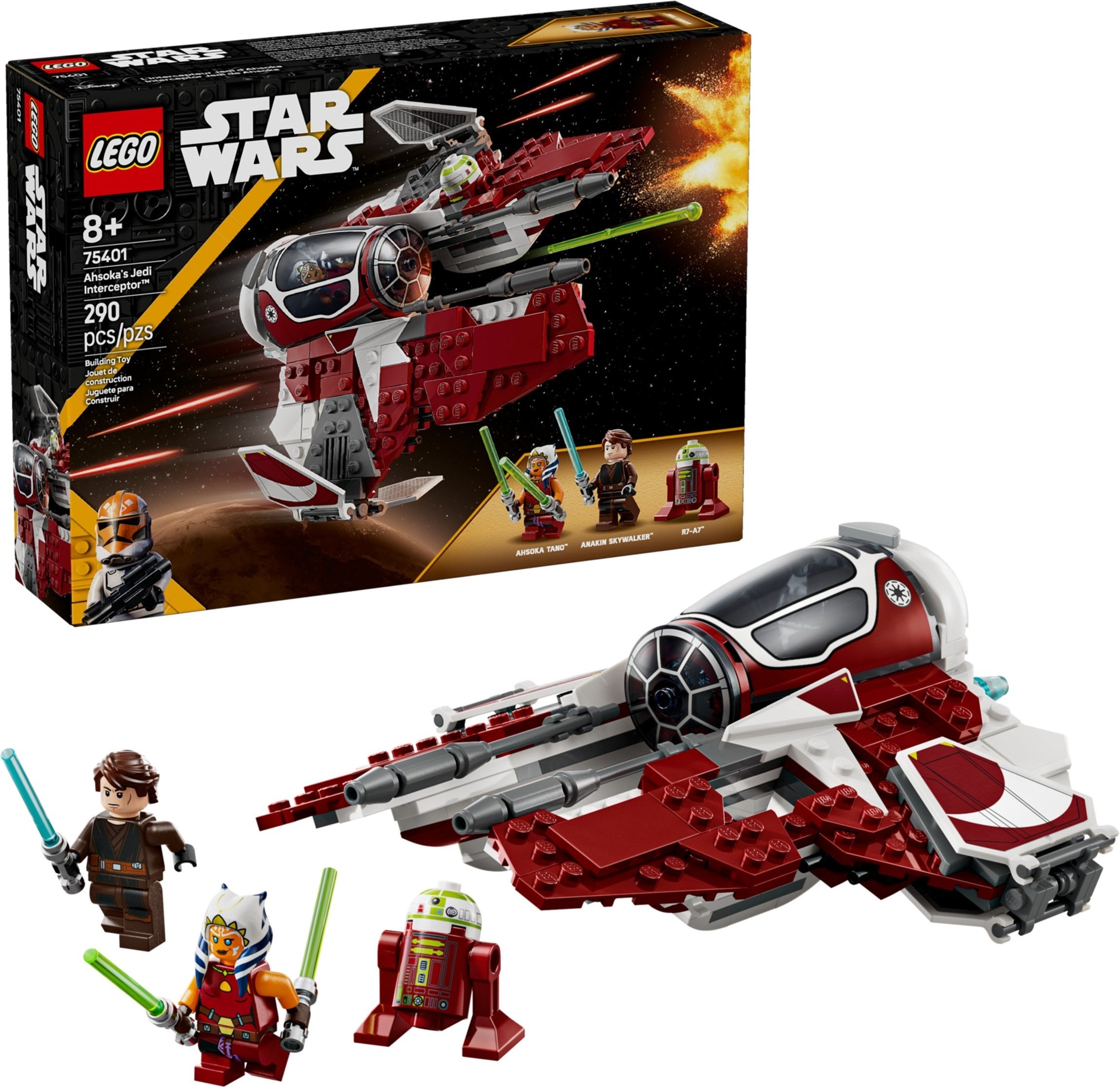 LEGO Star Wars set with spaceship model and figures on a white background