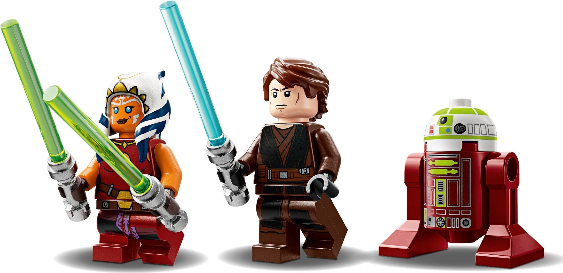 Three LEGO figures with lightsabers and a robot on a white background