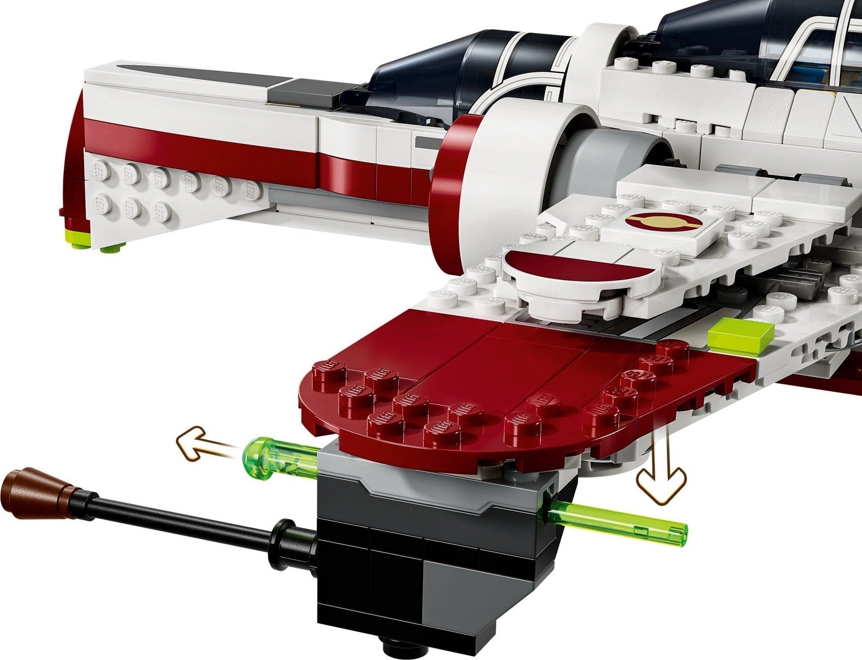 Close-up of a LEGO model with red, white, and black colors on a white background