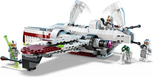 LEGO Star Wars model of a snowspeeder with characters on a white background