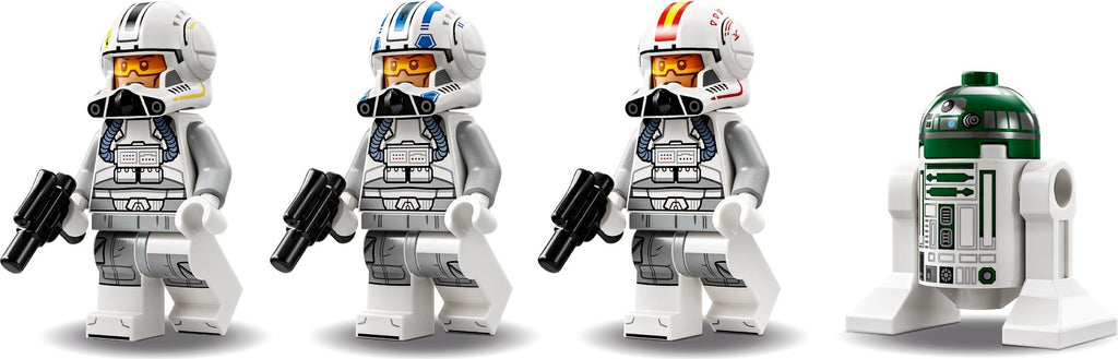 Four LEGO figures in space suits and a droid on a white background