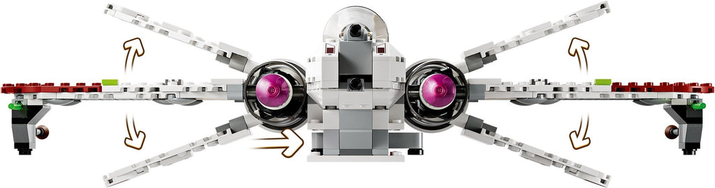 Toy model of a spaceship with multiple arms and purple engines, featuring arrows indicating movement directions.