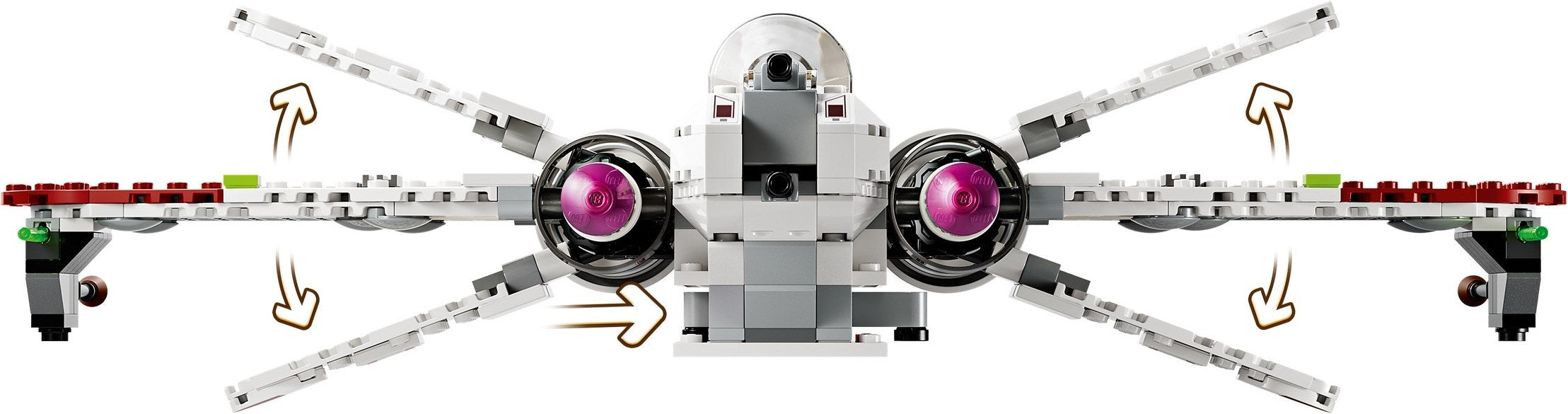 Toy model of a spaceship with multiple arms and purple engines, featuring arrows indicating movement directions.