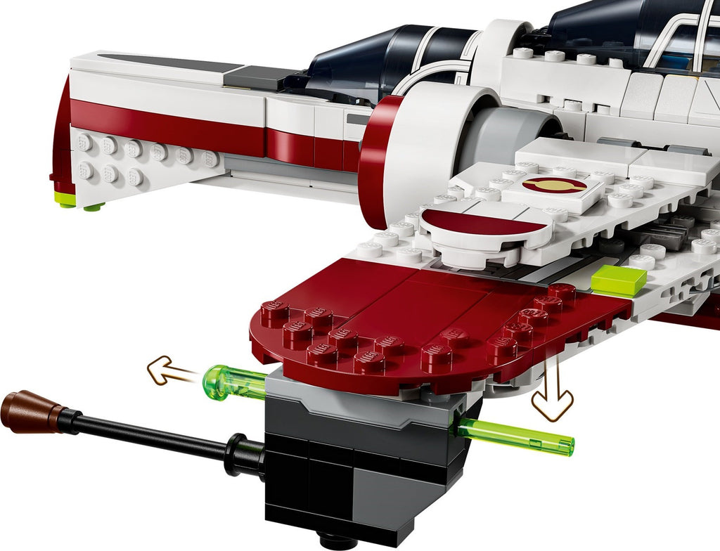 Close-up of a LEGO model of a spaceship with red, white, and black colors on a white background.