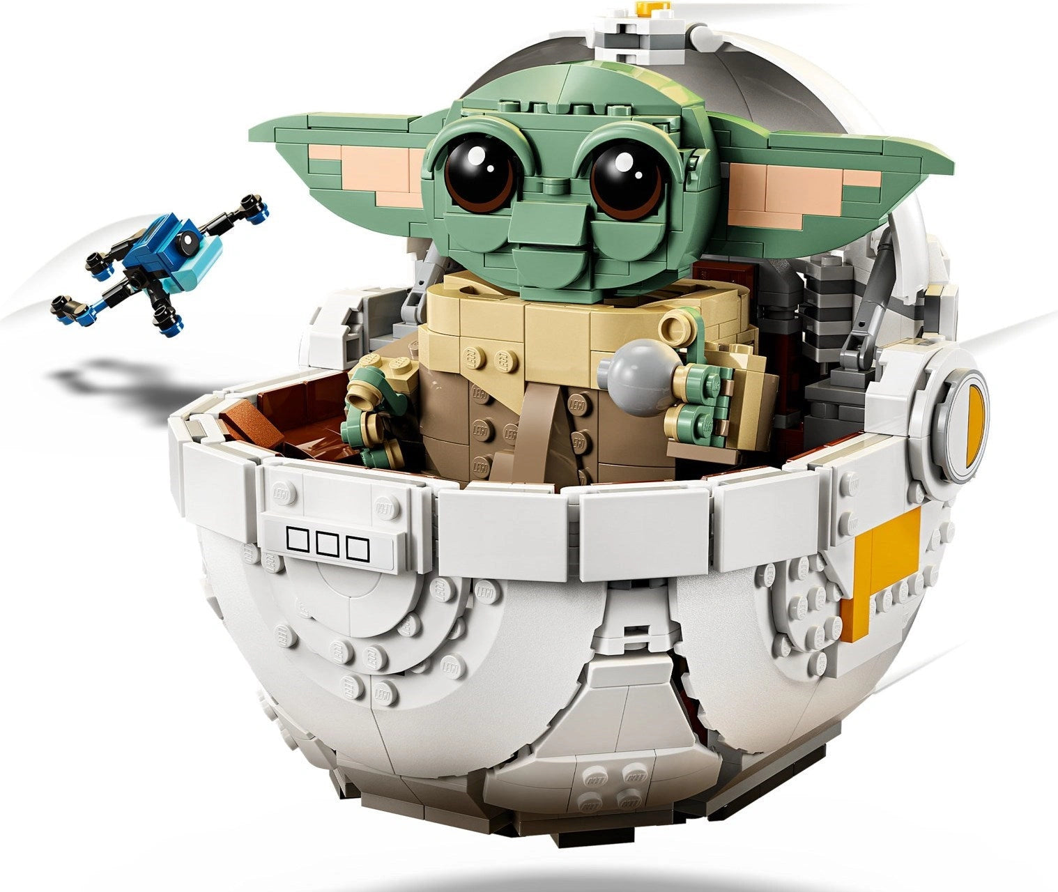 LEGO model of Baby Yoda in a pod with a small drone on a white background
