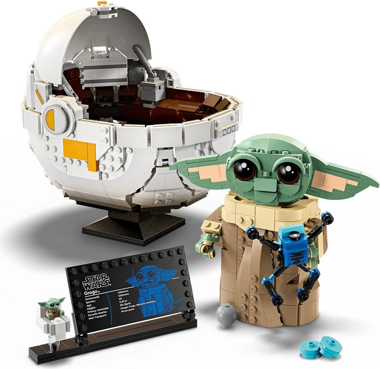 LEGO Baby Yoda figure and Death Star model on a white background