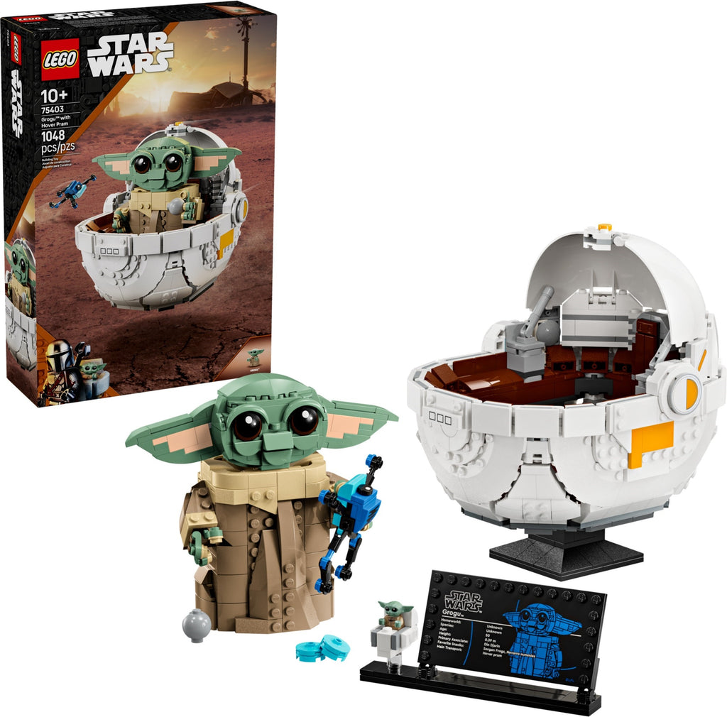 LEGO Star Wars set with Baby Yoda figure, ball structure, and packaging on a white background
