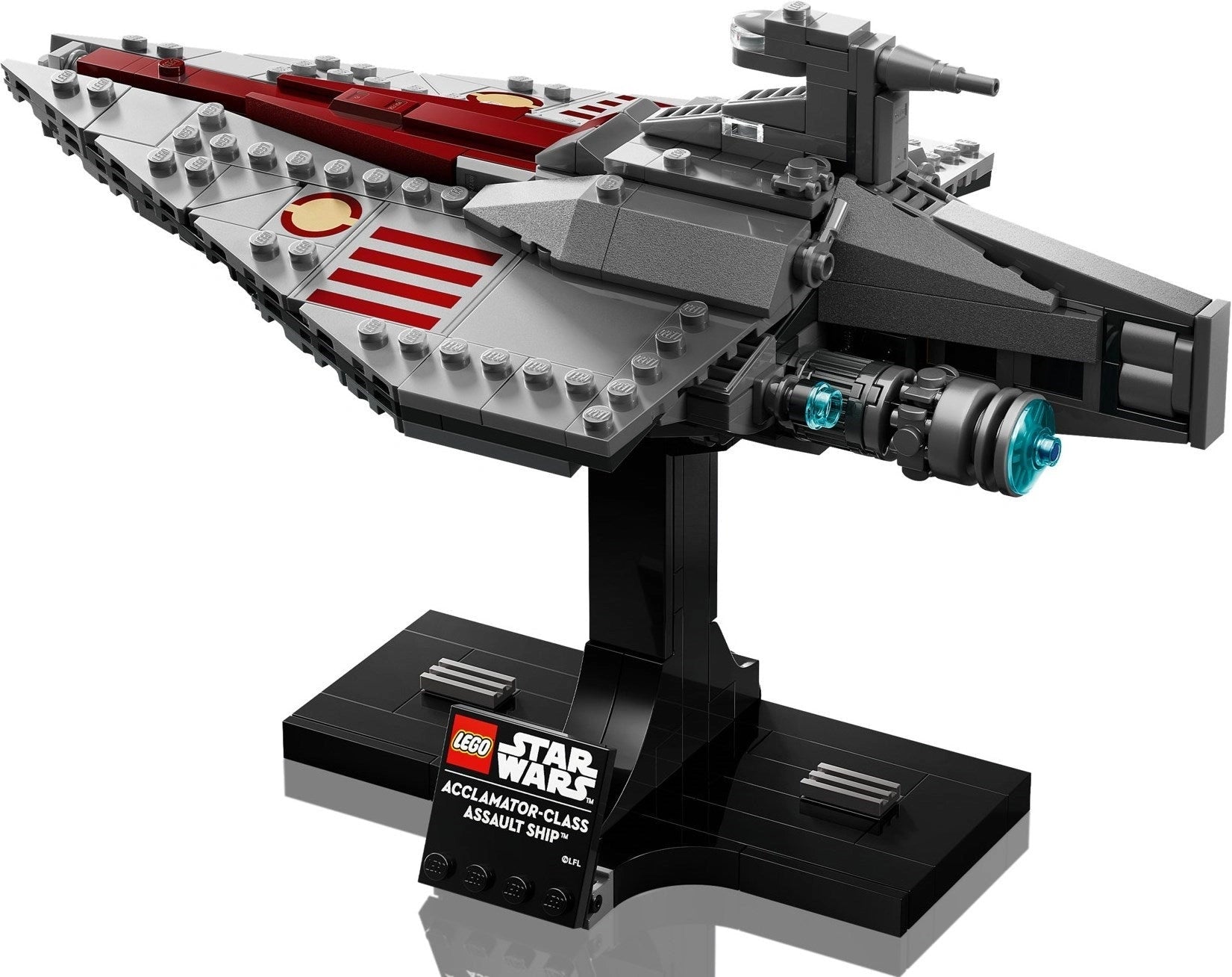 LEGO Star Wars Acclimator Class Assaulter on a stand with a white background