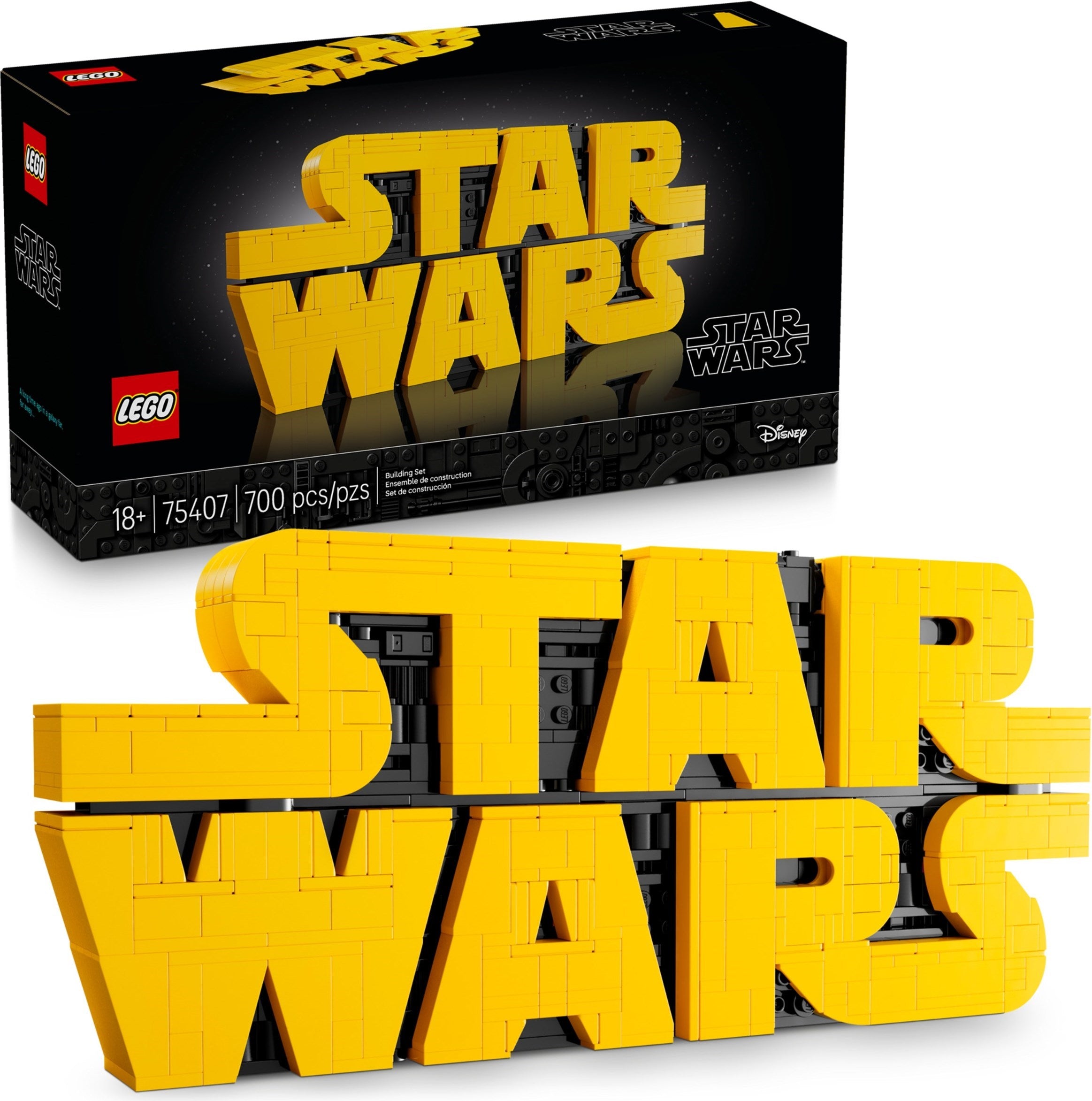 LEGO Star Wars set with yellow and black 'Star Wars' letters on a white background