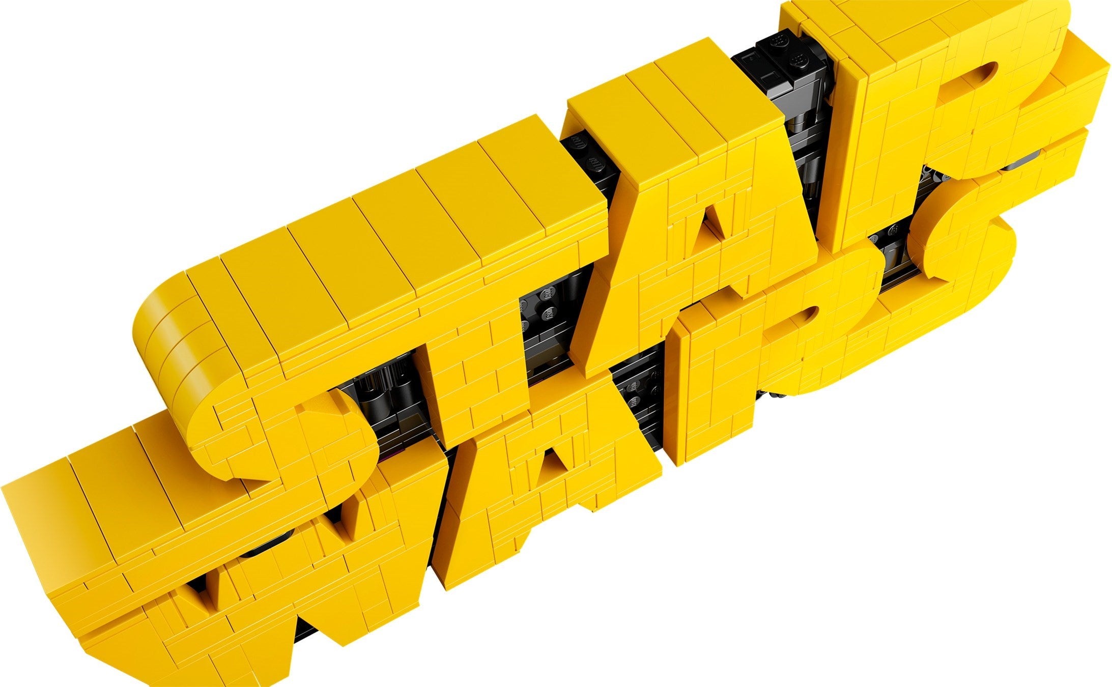 Yellow toy letters spelling 'STAR WARS' on a white background