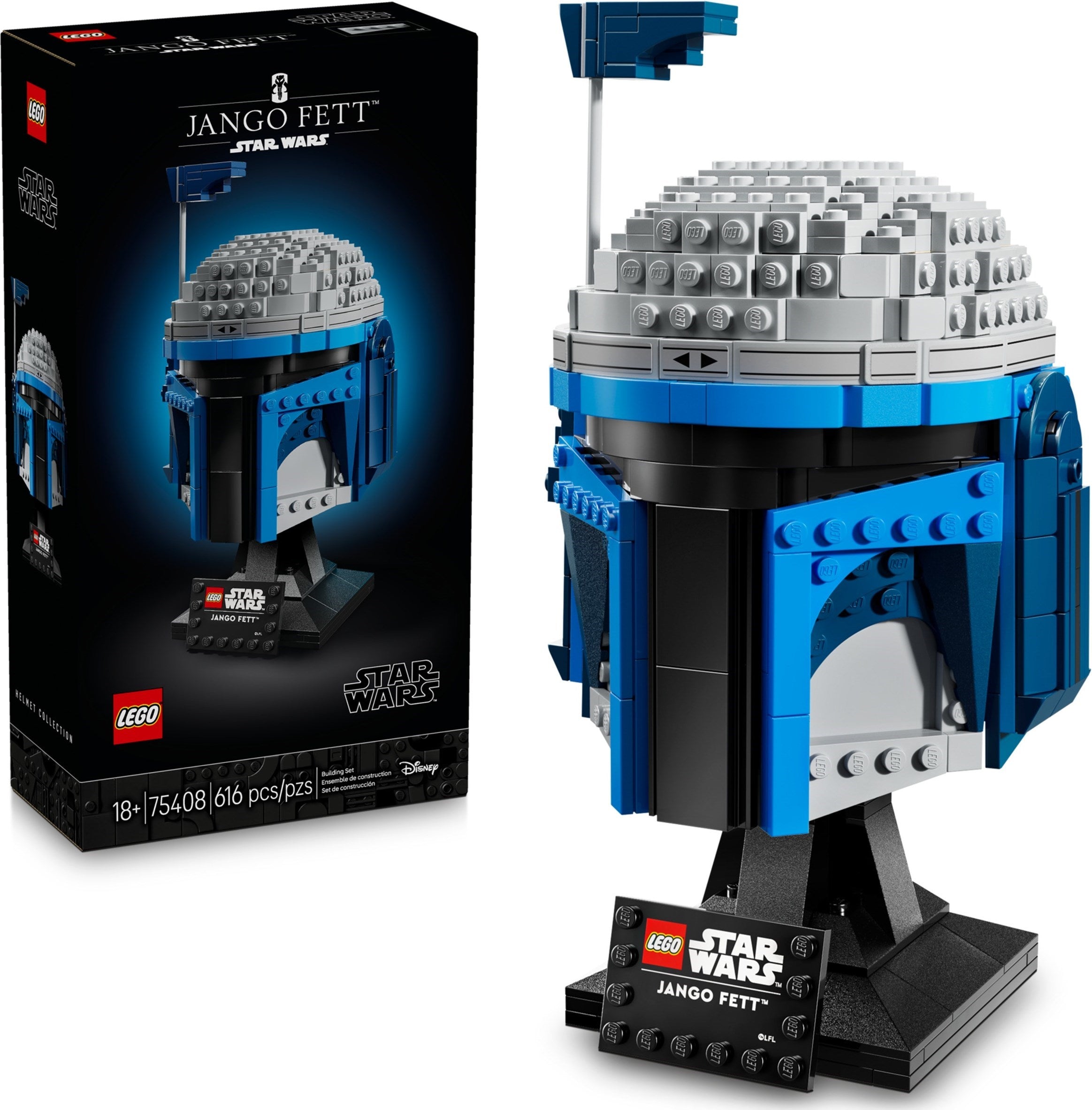 LEGO Jango Fett helmet set with packaging on a white background