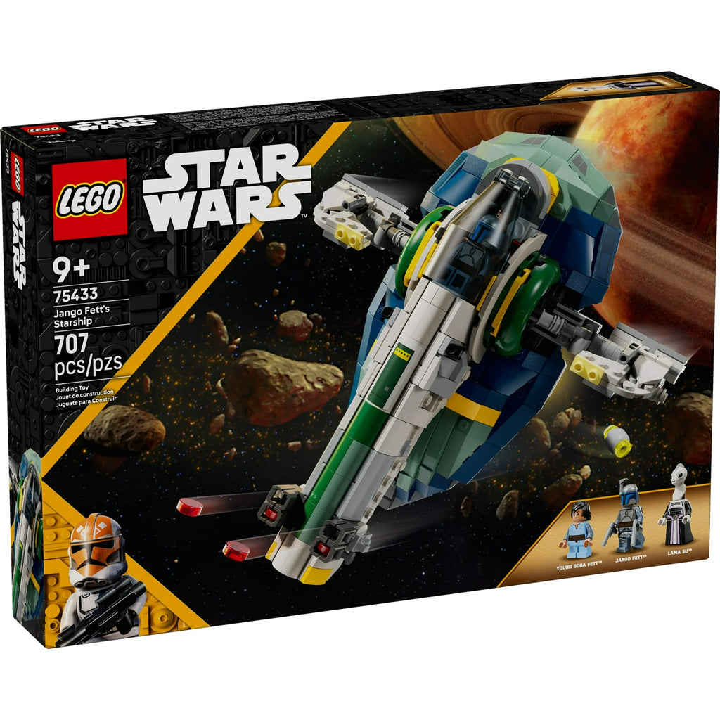 LEGO Star Wars Jango Fett's Slave I set packaging with spaceship model on a space-themed background.