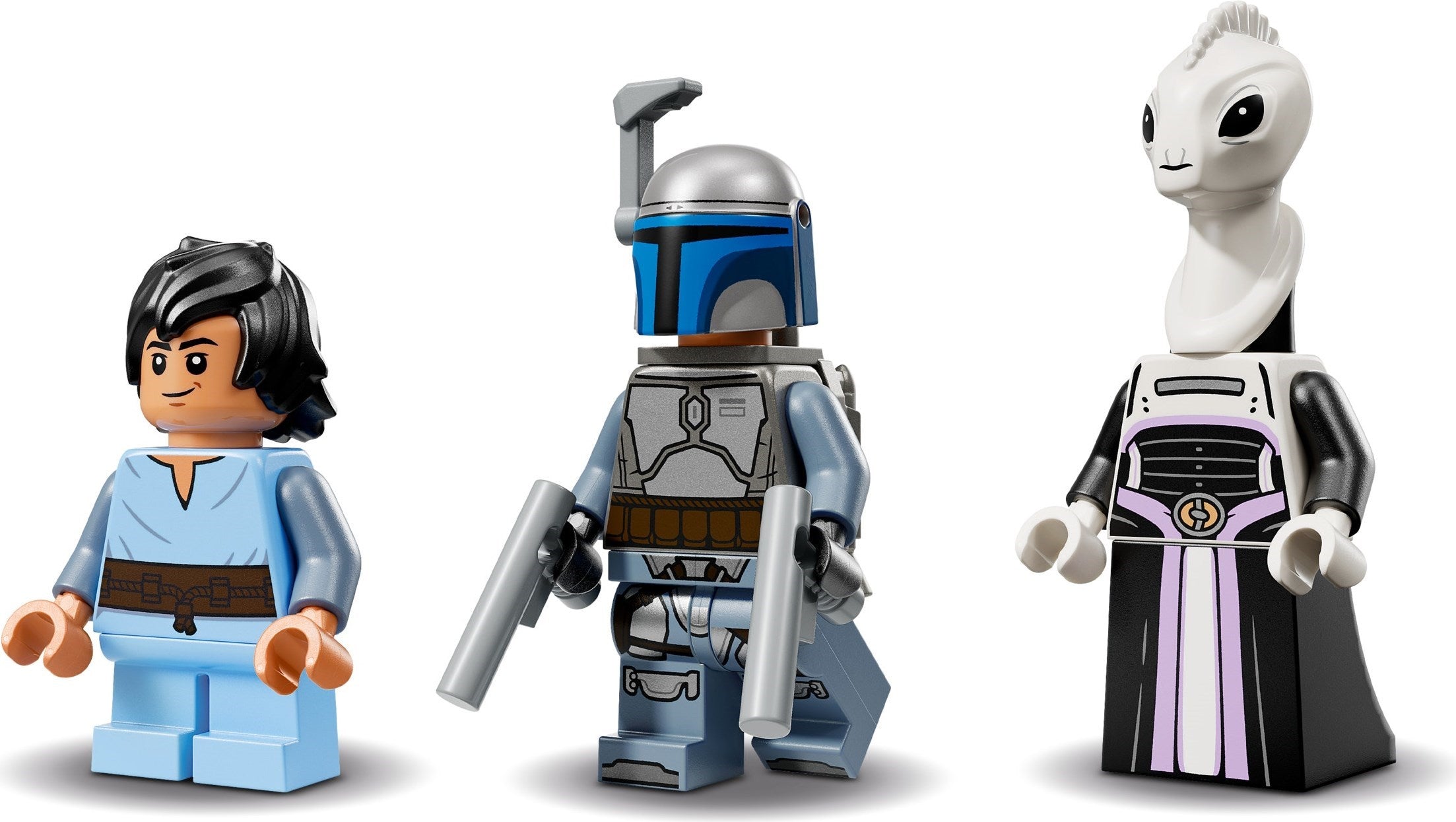 Three LEGO figures on a white background