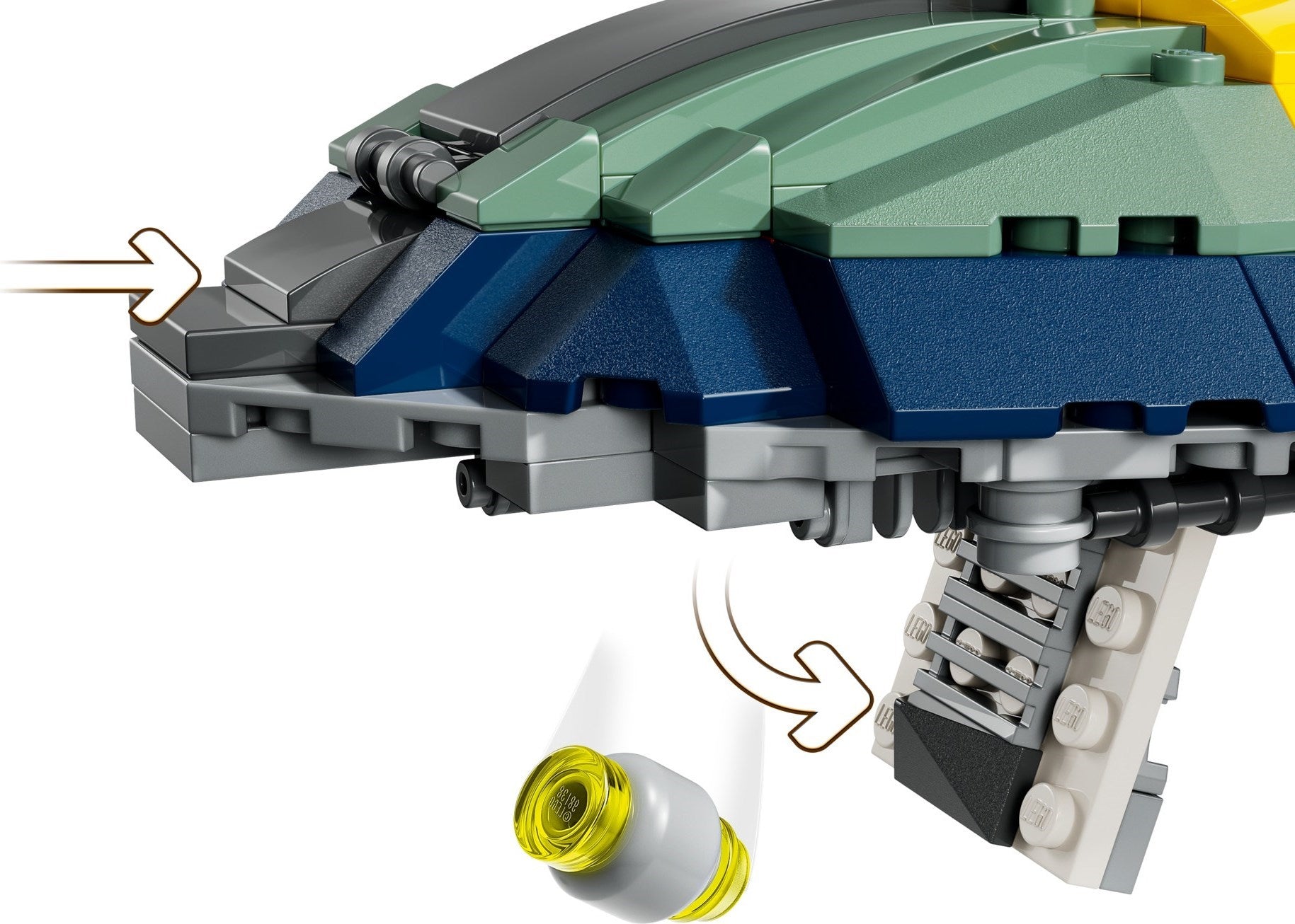 Close-up of a LEGO model with green, blue, and gray colors on a white background.