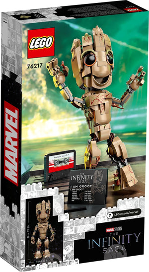 LEGO Marvel Groot figure set packaging with character illustration on a scenic background