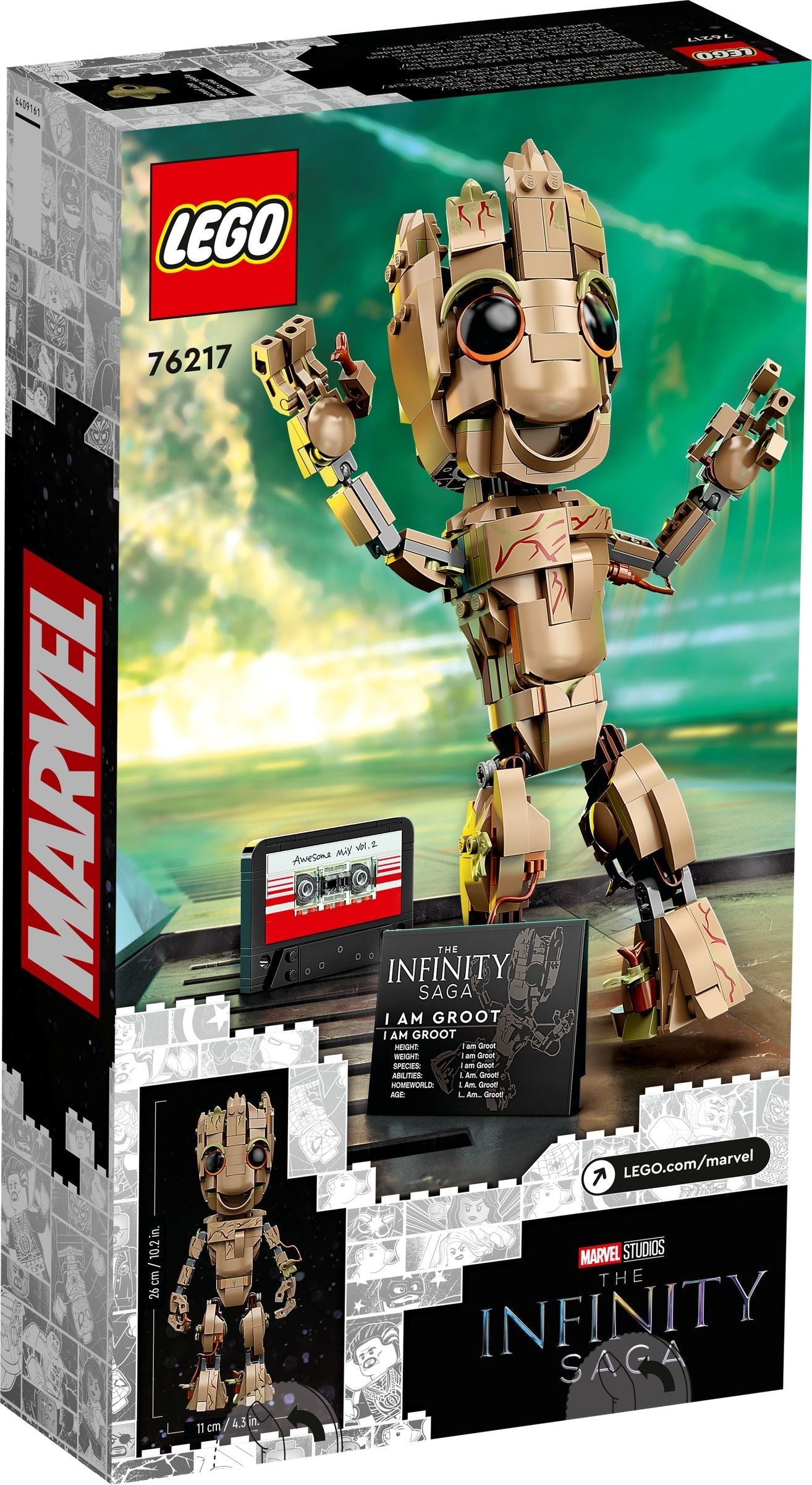 LEGO Marvel Groot figure set packaging with character and text on a scenic background