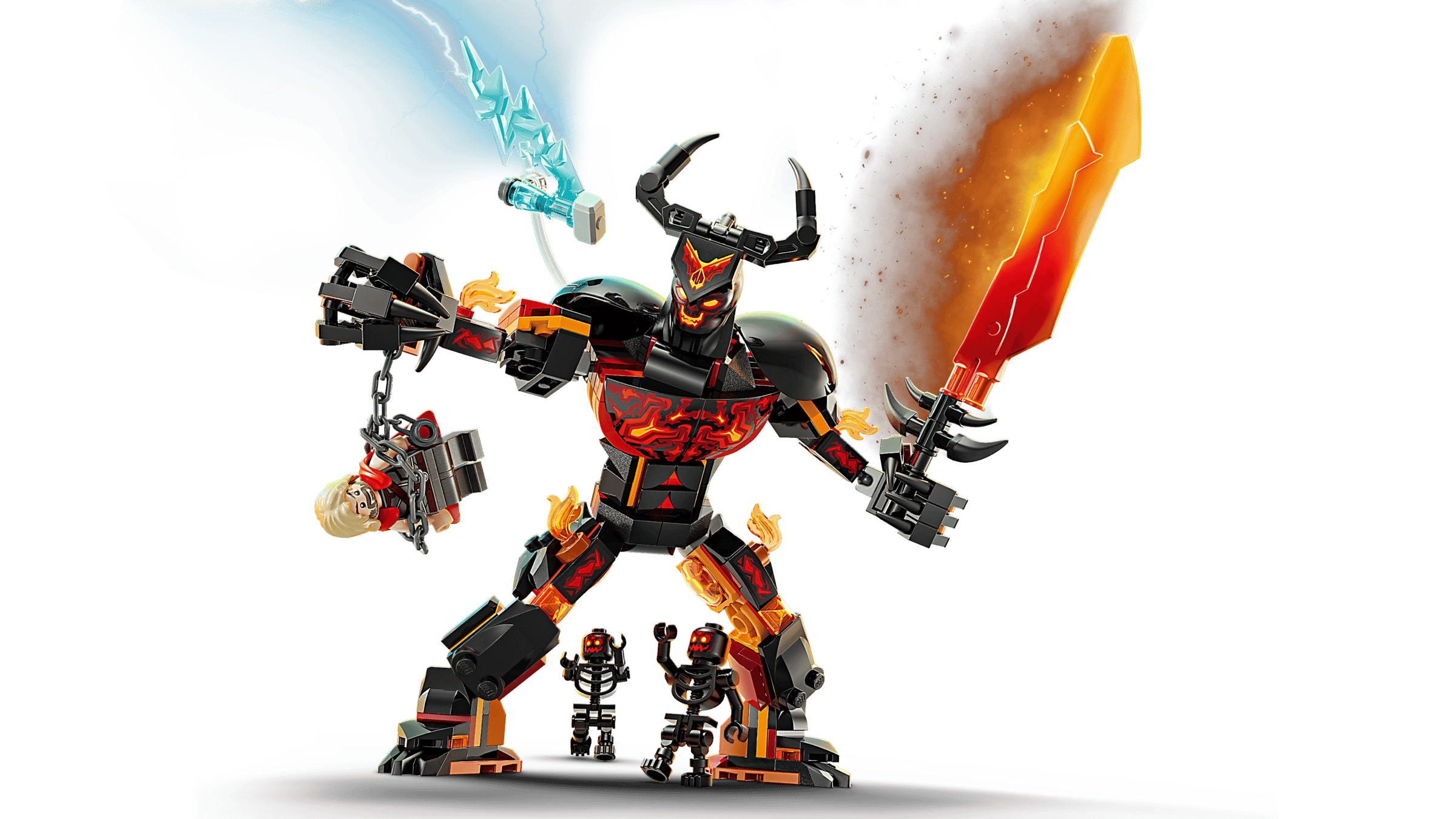 Toy figure with fiery and water-themed elements on a transparent background