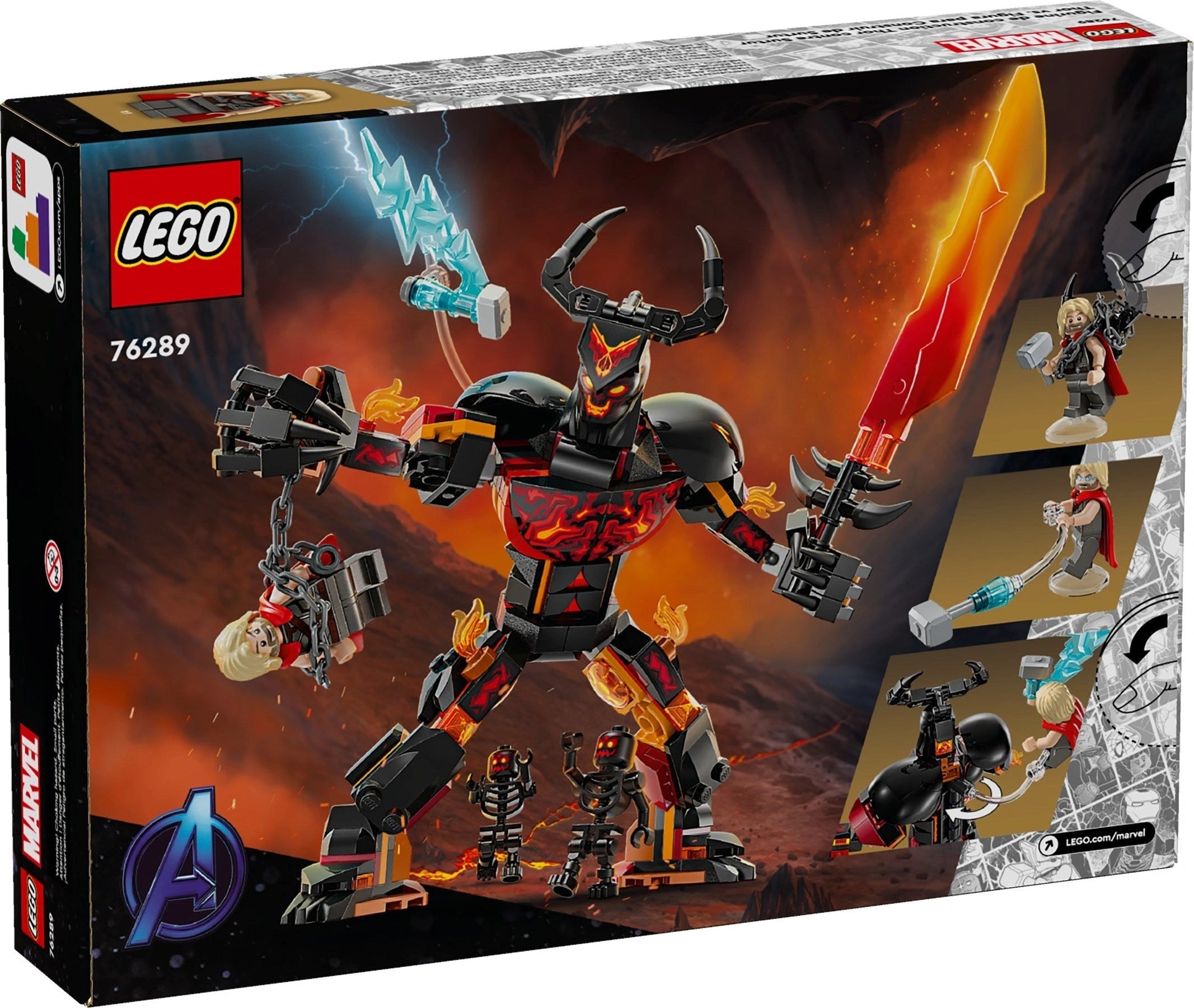 LEGO set packaging featuring a large robot figure with fiery effects and character figures on a dark background.