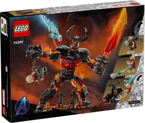LEGO set packaging featuring a large robot figure with fiery effects and character figures on a dark background.