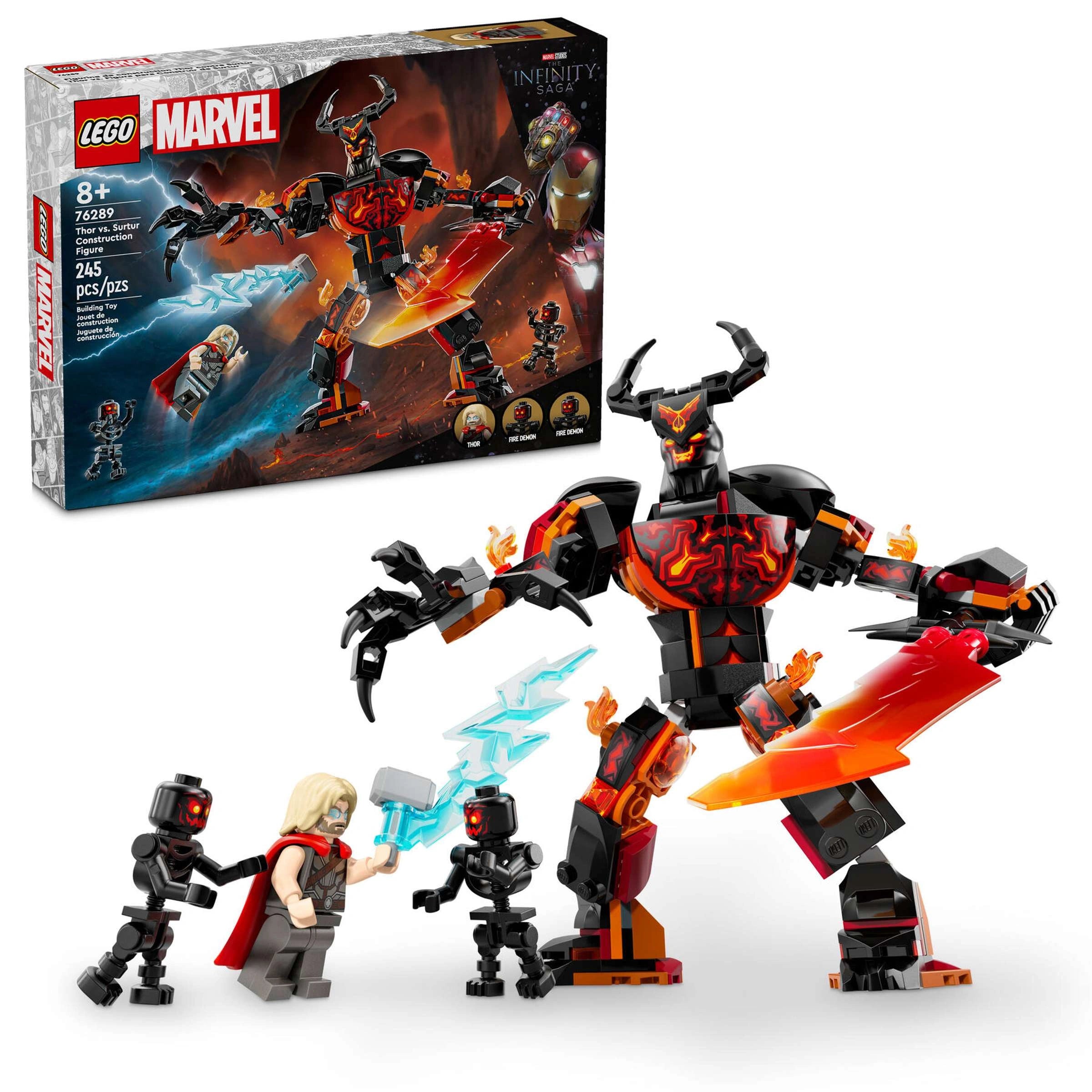 LEGO Marvel set with figures and packaging on a white background