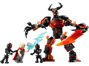 Toy figure set with a large robot-like figure and smaller characters on a white background
