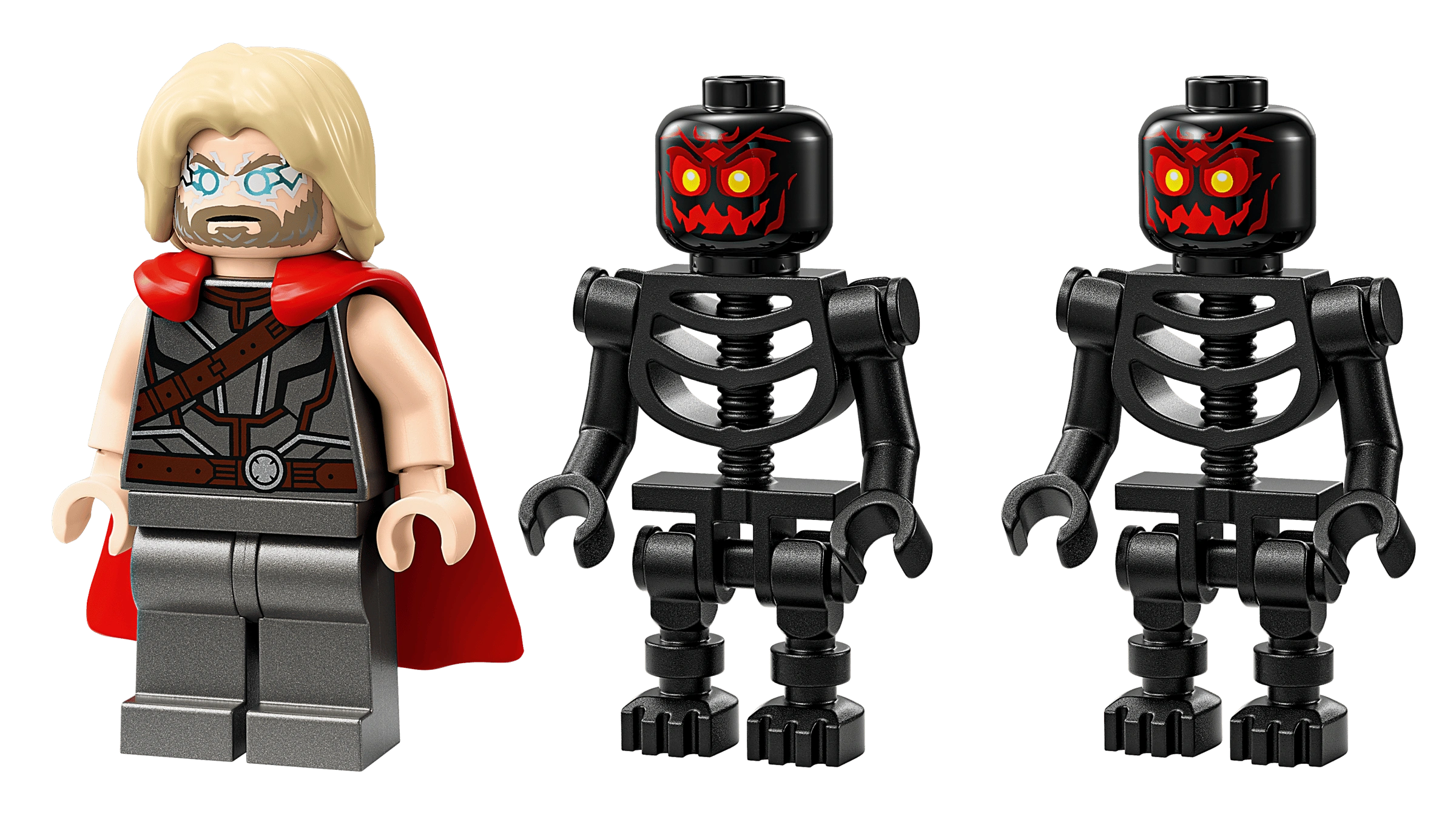 Two LEGO minifigures, one resembling a superhero with blonde hair and red cape, and the other two identical skeleton figures with glowing eyes.