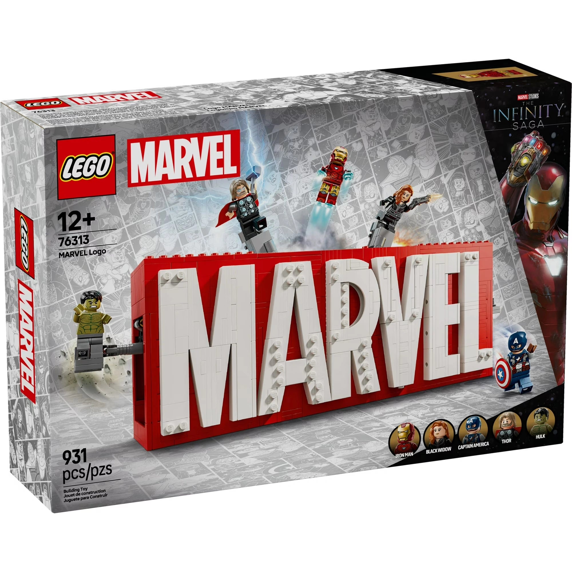LEGO Marvel set packaging with characters and 'Marvel' branding