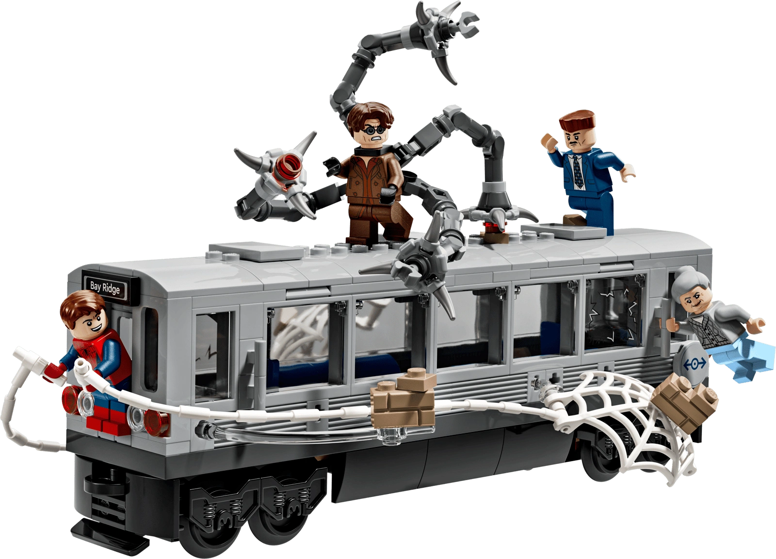 LEGO set with a train and characters on a white background