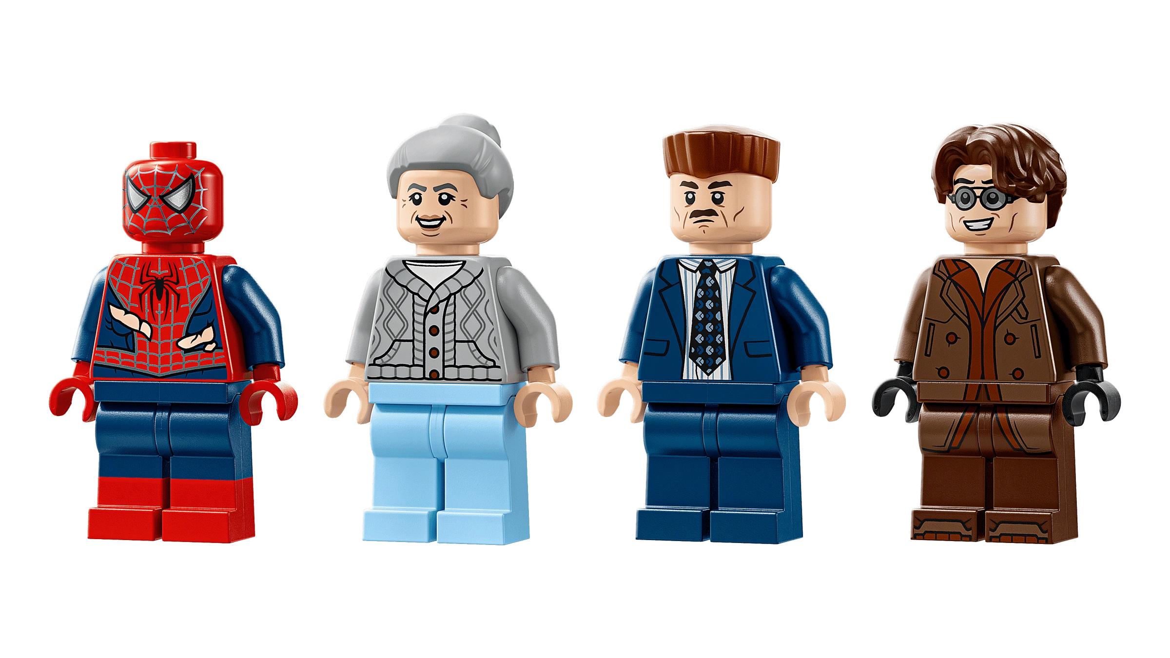 Four LEGO minifigures on a transparent background