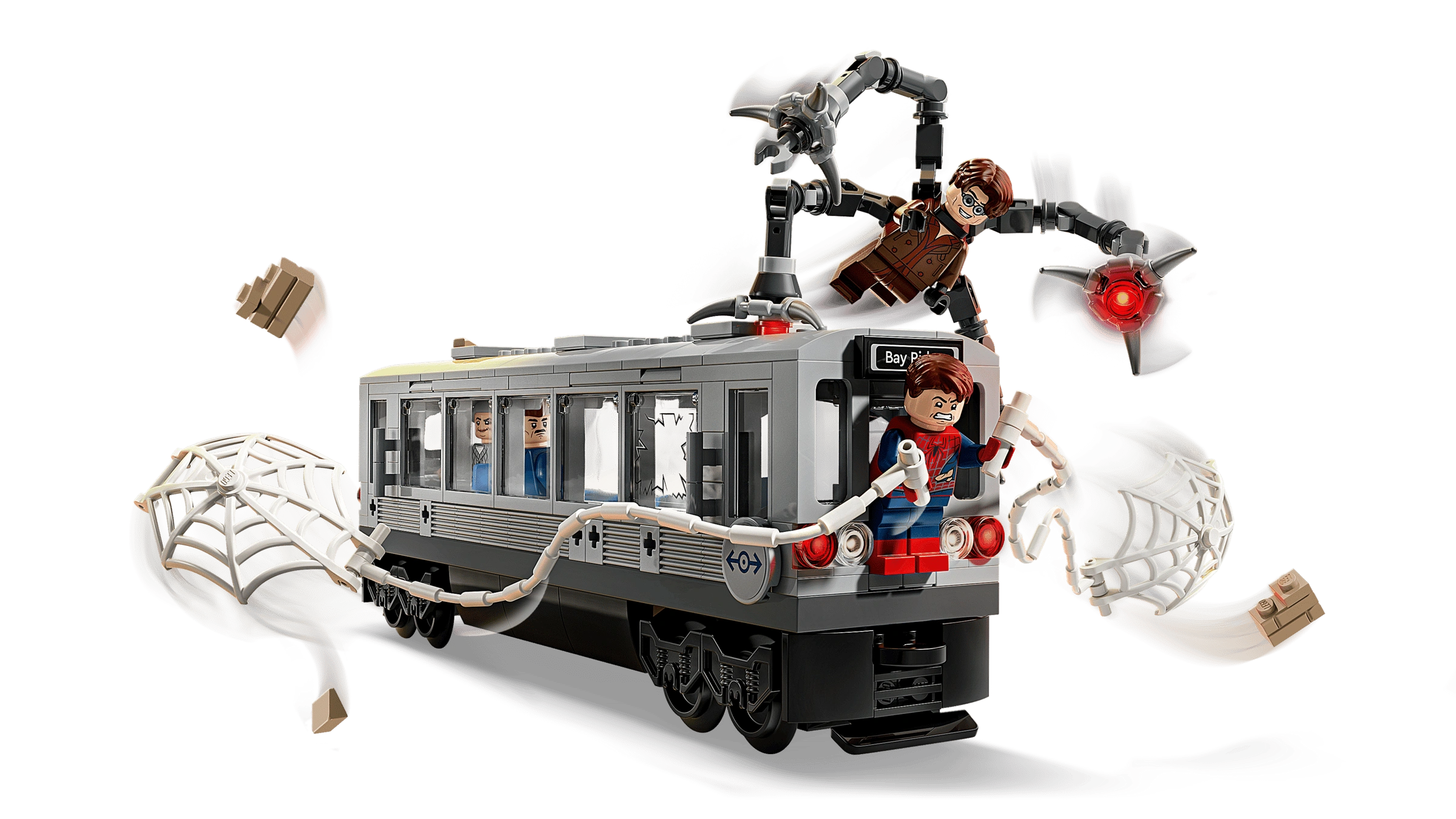LEGO model of a trolley with spider-themed decorations on a white background
