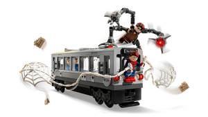 LEGO model of a trolley with spider-themed decorations on a white background