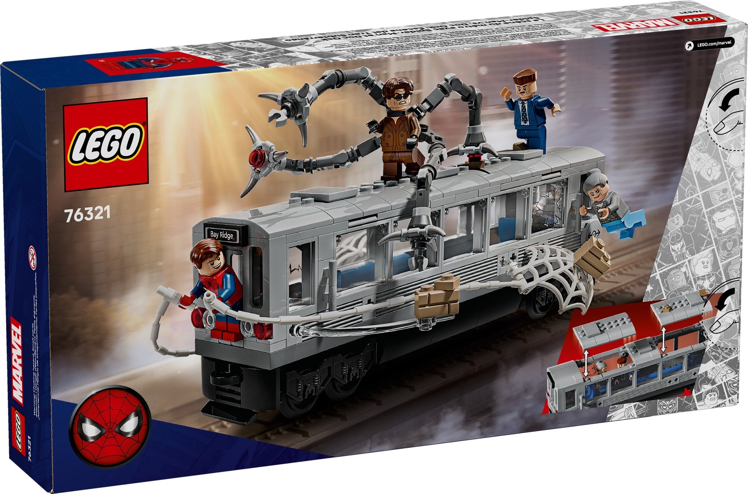 LEGO Marvel Spider-Man tram set packaging with characters and tram model.