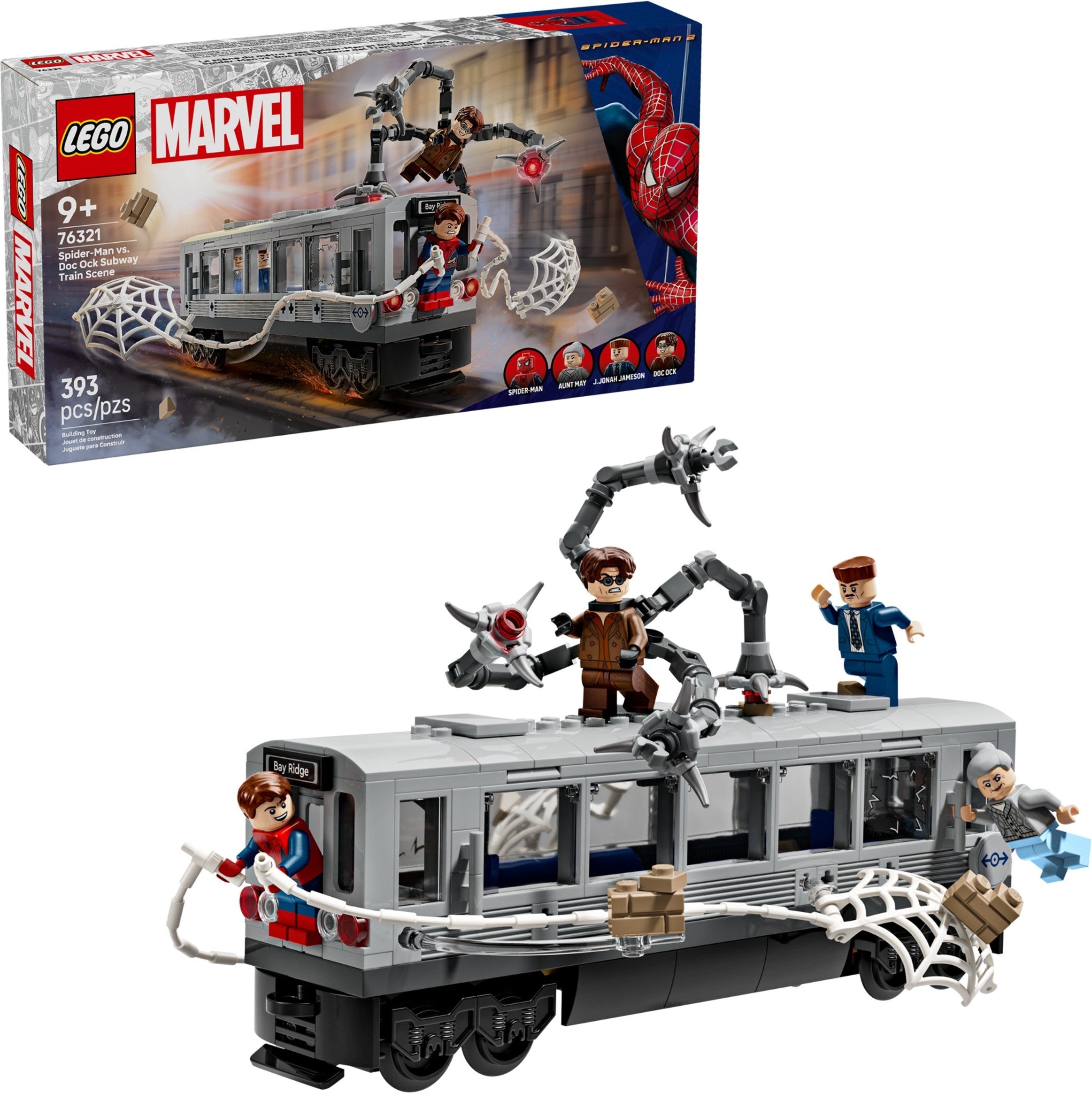 LEGO Marvel Spider-Man toy set with train and figures in front of packaging