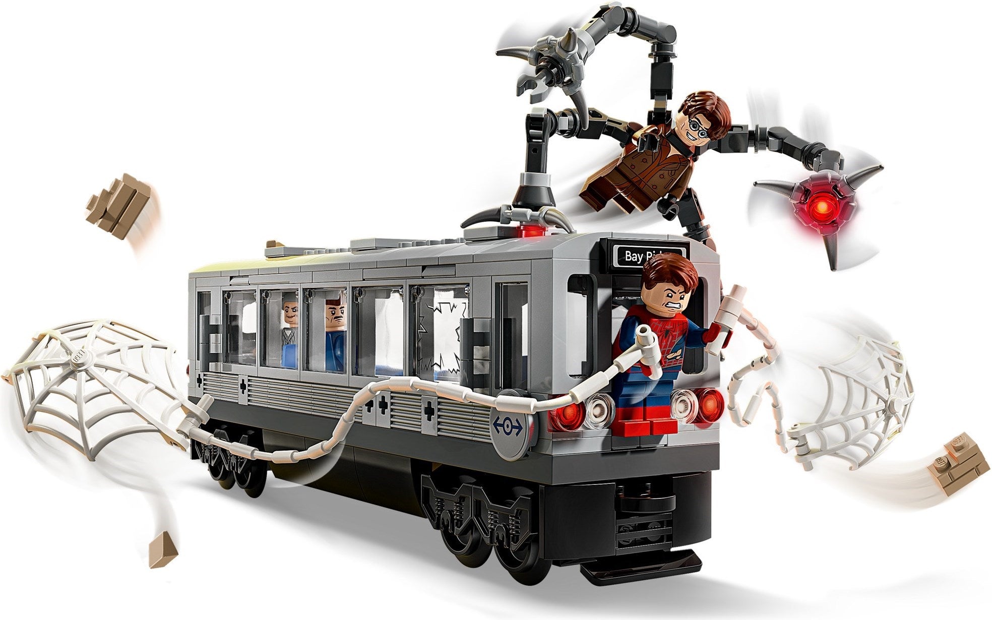 LEGO set with a train and characters on a white background