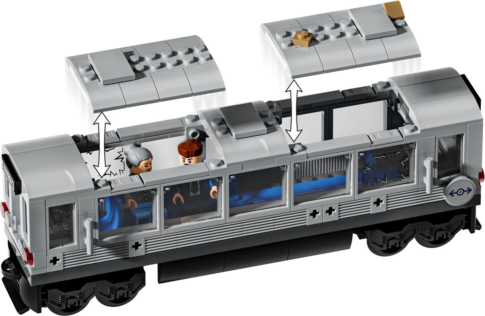 Toy train set with detailed compartments on a white background