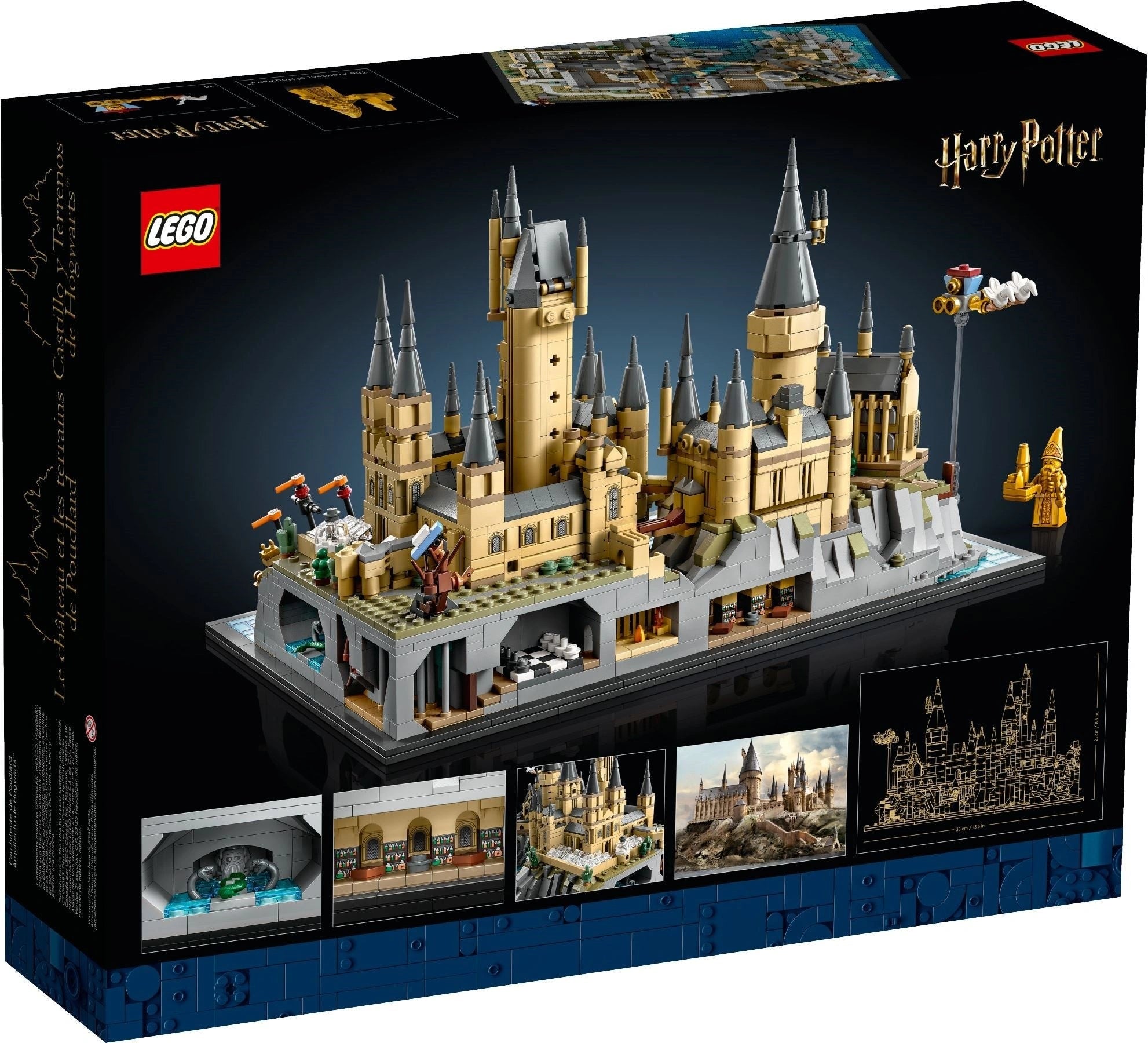 LEGO Harry Potter Hogwarts Castle set packaging with detailed illustrations on a black background