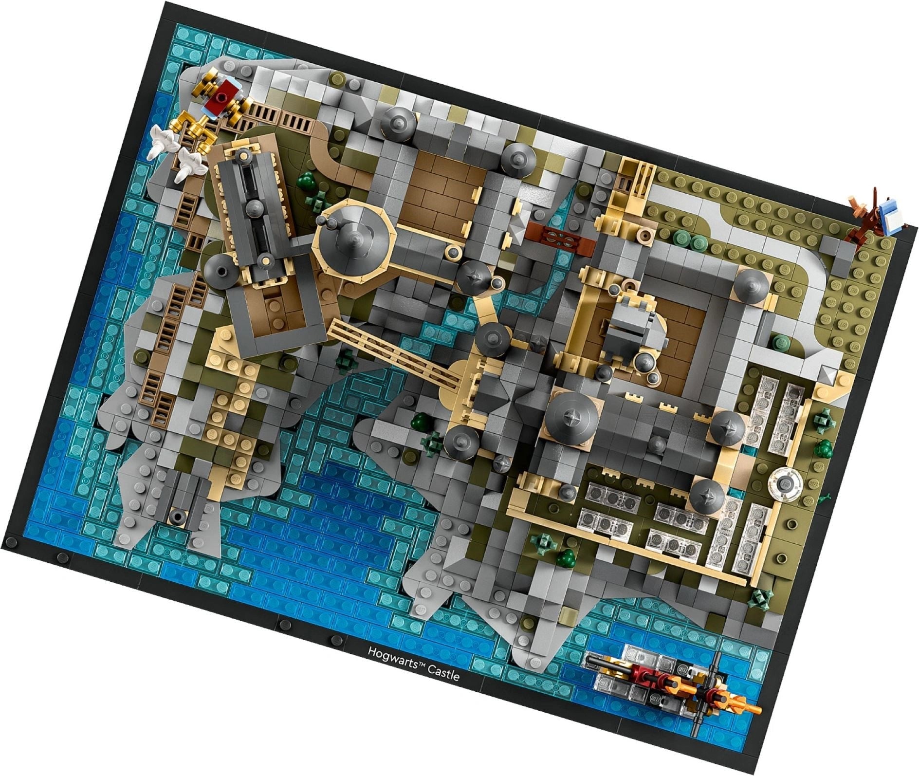 LEGO castle set on a display baseplate with a white background