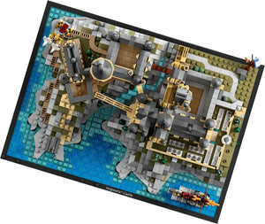 LEGO castle set on a display baseplate with a white background