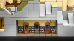 Close-up of a detailed model made from interlocking bricks with a room interior.