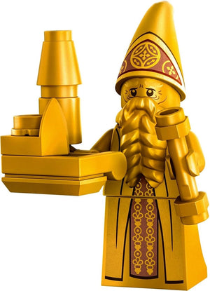 Yellow wizard figure with a hat and beard, holding a pot and cauldron on a white background