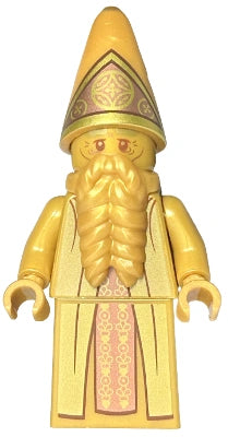Gold-colored character figure with a pointed hat and robe on a white background