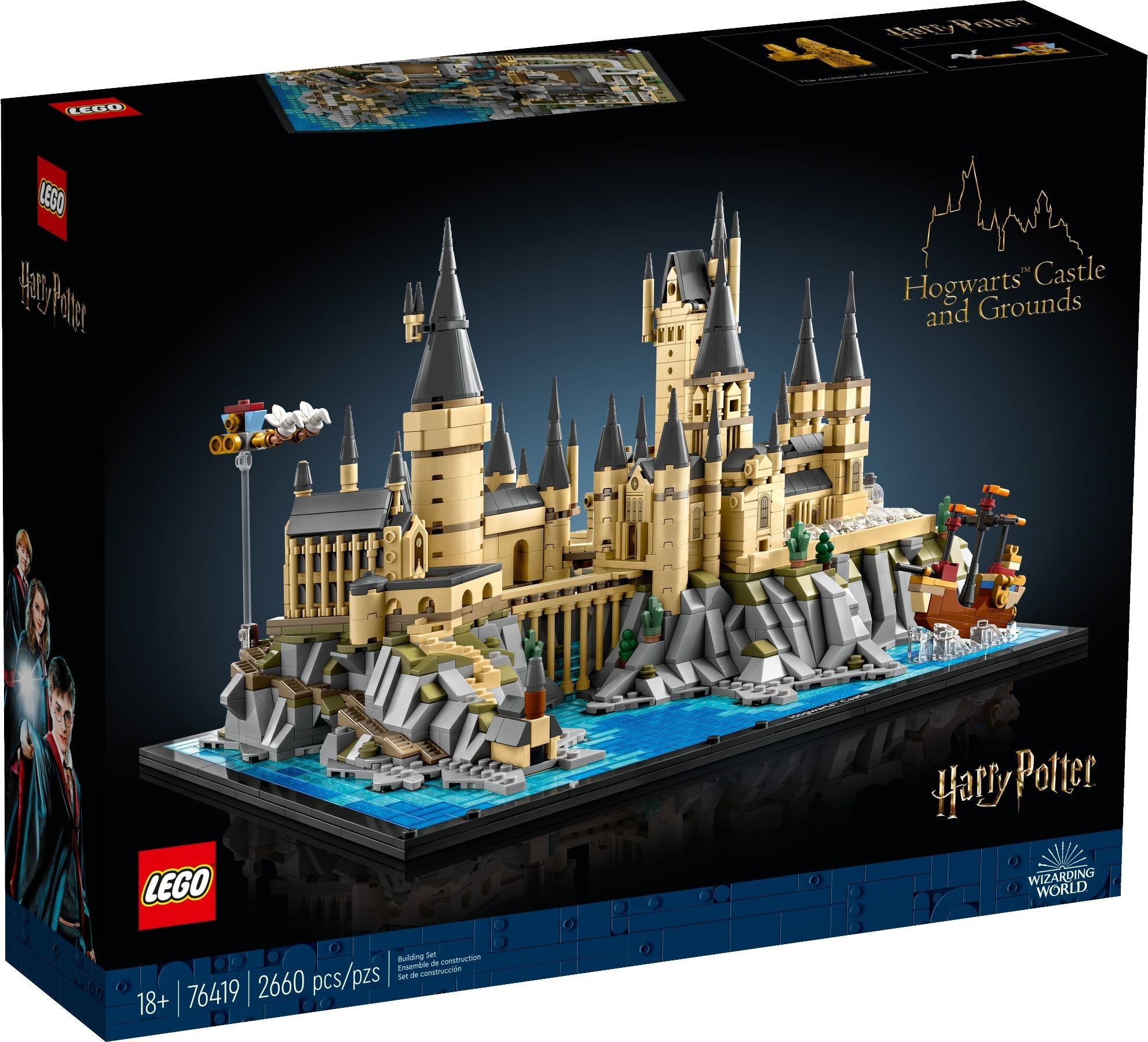 LEGO Hogwarts Castle and Grounds set packaging with castle model on a black background