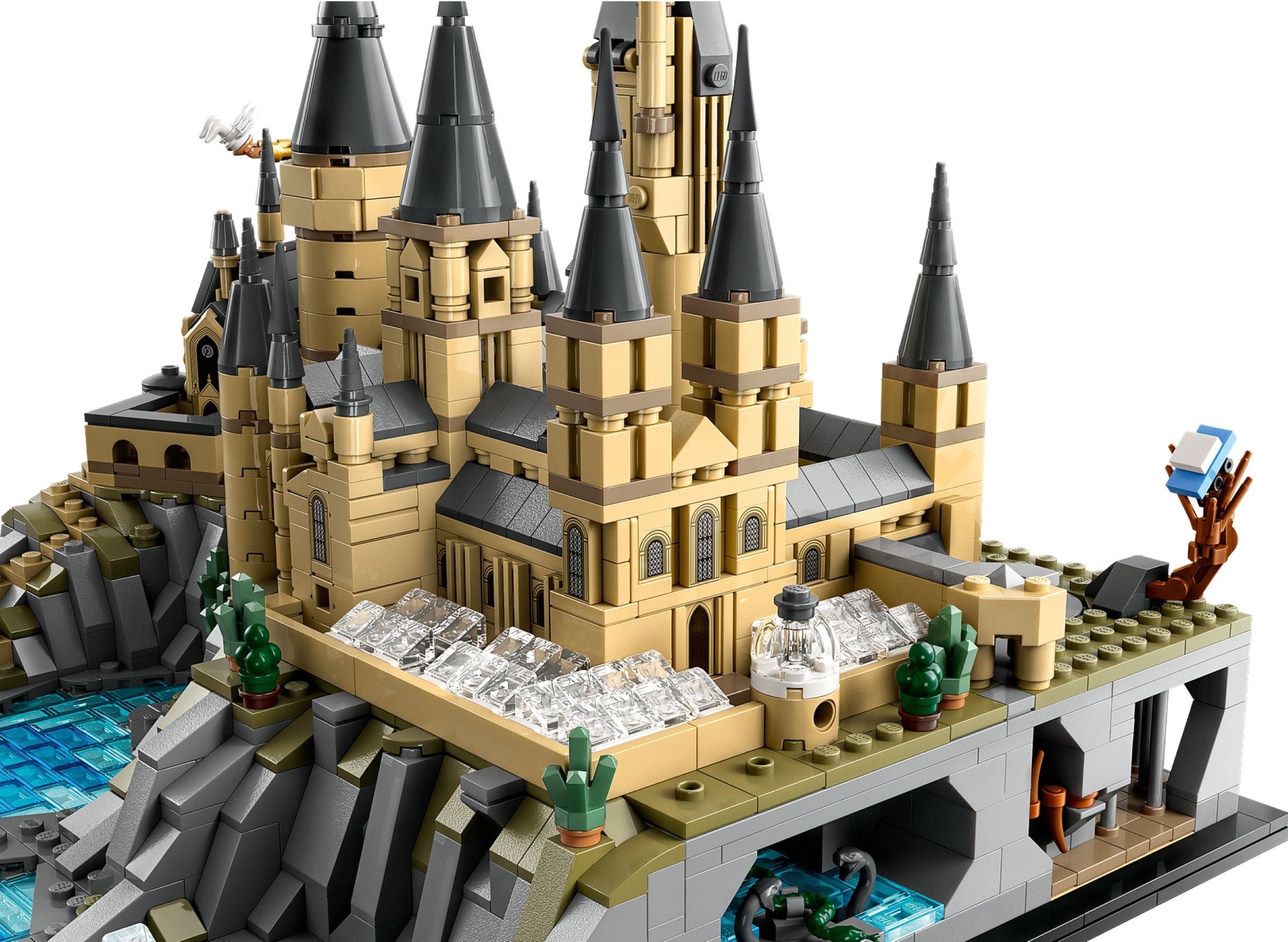Detailed LEGO model of a castle with multiple towers and architectural features.