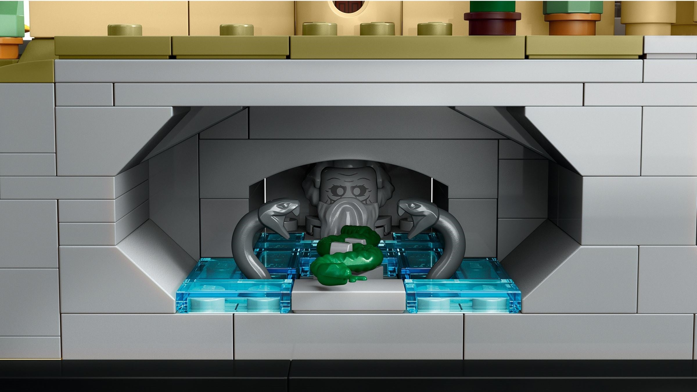 LEGO model of a character with tentacles emerging from a fireplace